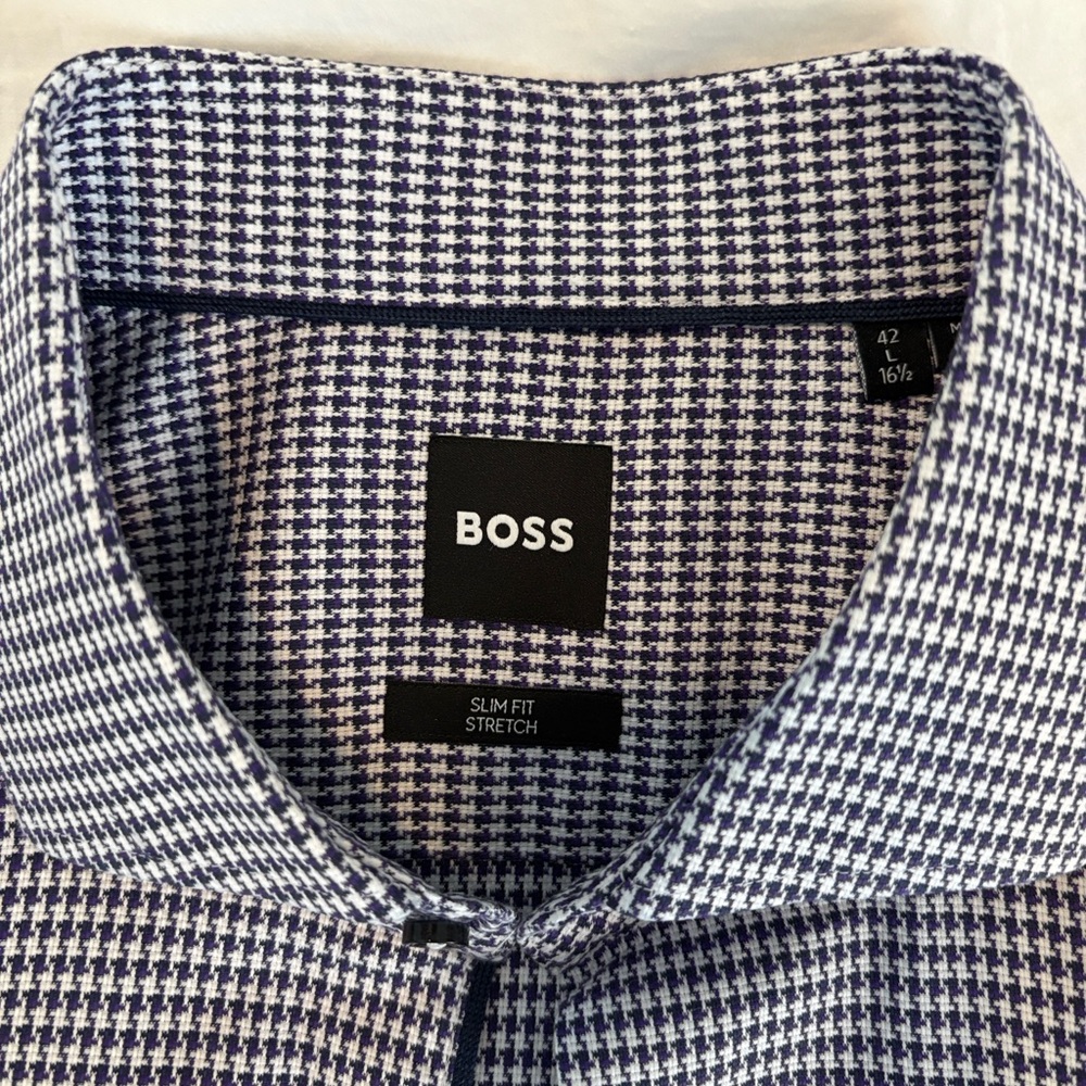 Boss Hank Slim Fit Stretch Purple Houndstooth Cotton Dress Shirt Size Large